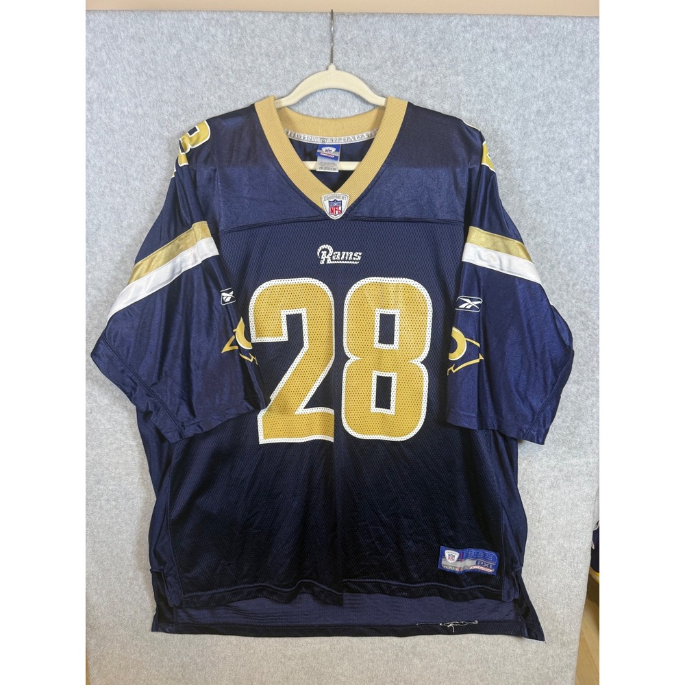 Reebok NFL St Louis Rams Marshall Faulk 28 Jersey Mens 2XL Navy Blue Gold